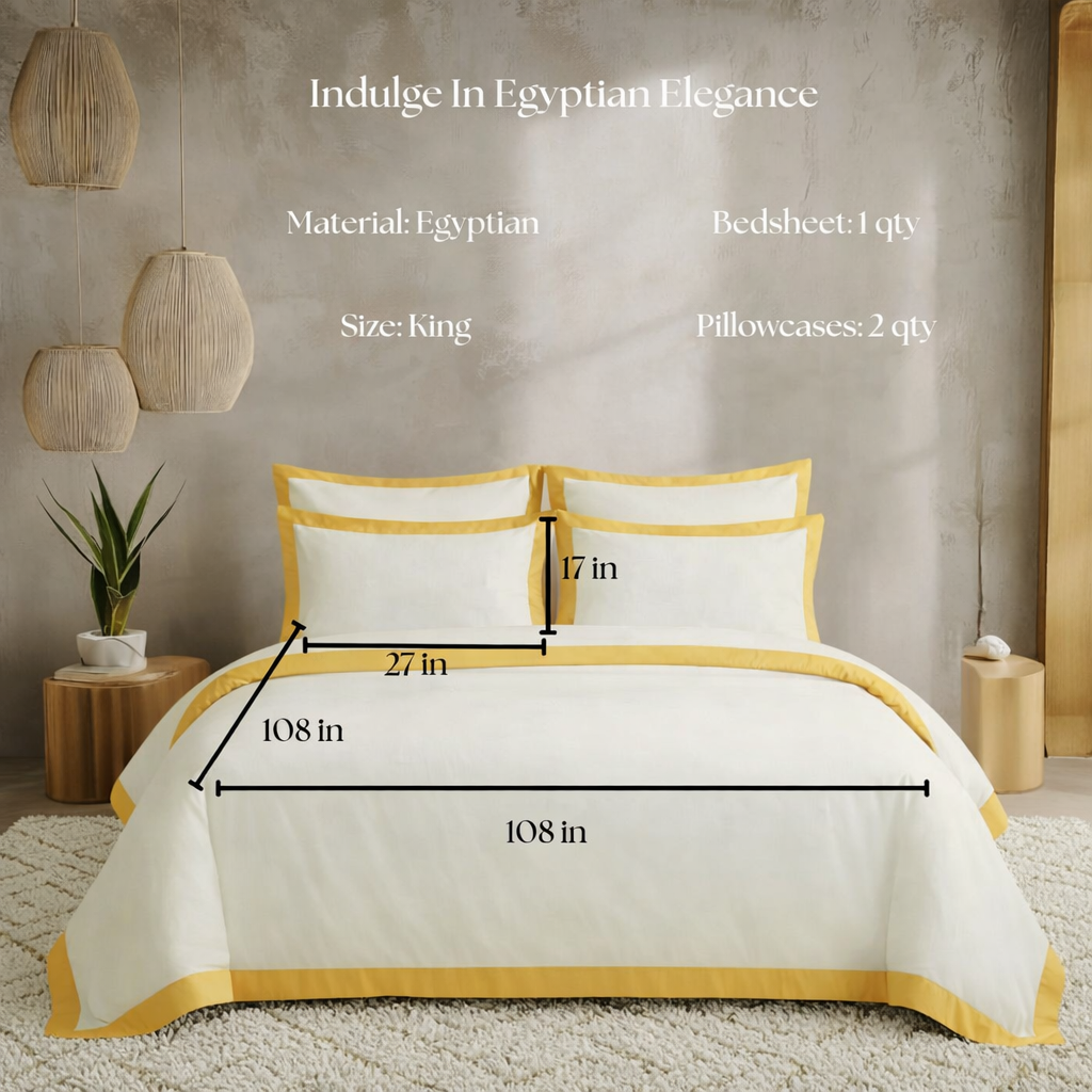 Bedding set with yellow accents and measurements on a neutral background