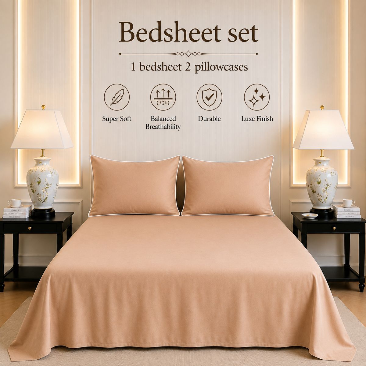 600 TC Pure Cotton Collection Duoluxe - Peach Cloud | Bedsheet with Pillowcases