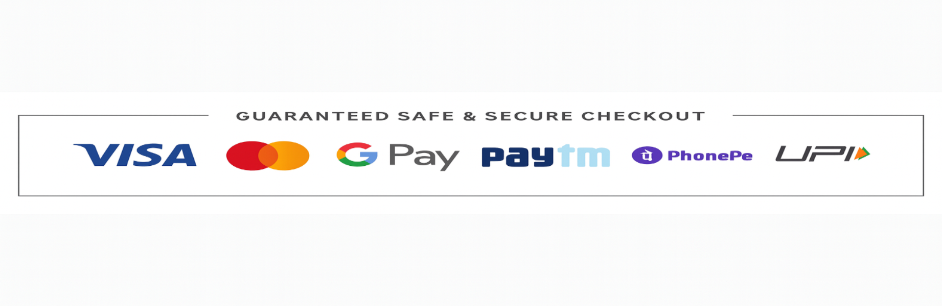 Logos of various payment methods on a white background with 'Guaranteed Safe & Secure Checkout' text.