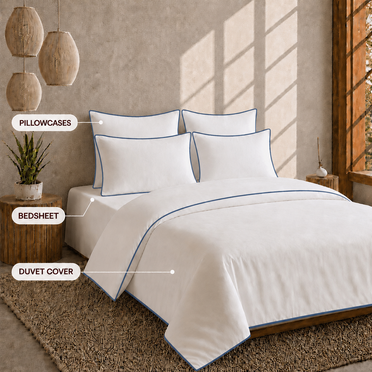 Egyptian Collection - Pure Piping - Zen Staple Blue | Duvet Cover with Pillowcases