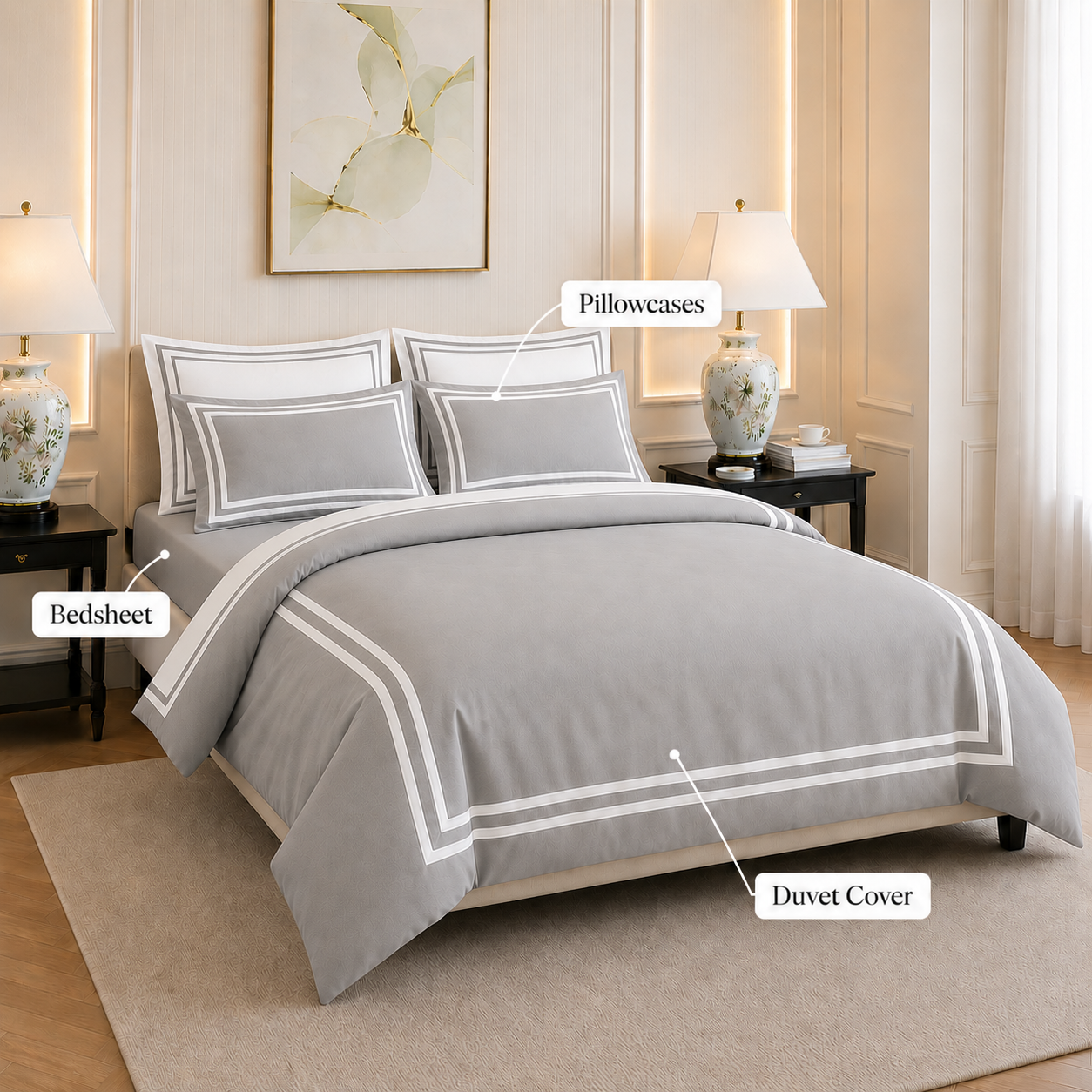 600 TC Pure Cotton Collection - Pearl Grey | Duvet Cover with Pillowcases
