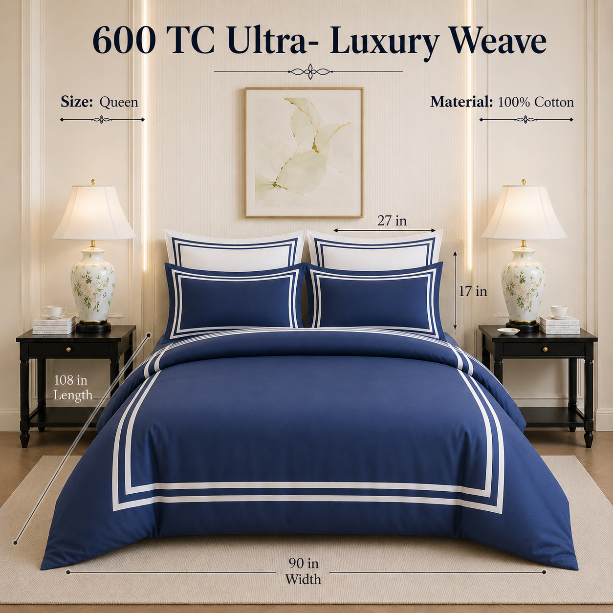 600 TC Pure Cotton Collection - True Navy | Duvet Cover with Pillowcases