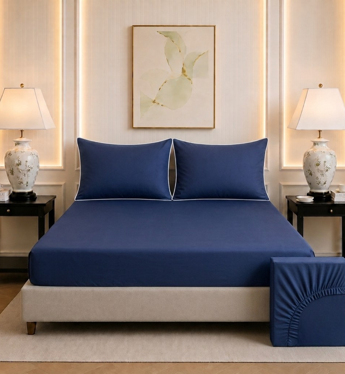600 TC Pure Cotton Collection Duoluxe - Navy Mist | Bedsheet with Pillowcases