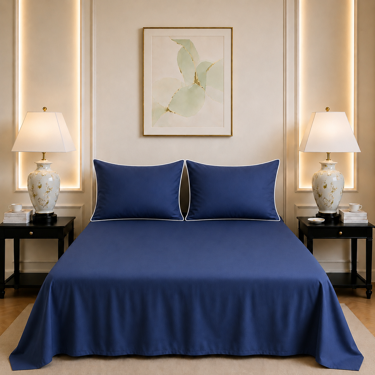 600 TC Pure Cotton Collection Duoluxe - Navy Mist | Bedsheet with Pillowcases
