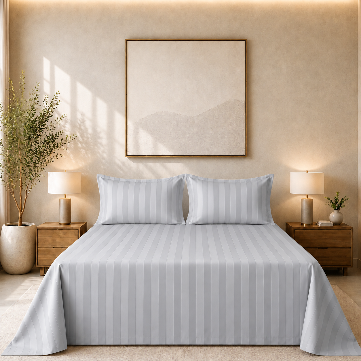 550 TC Stripes Collection - Silver Mist | Bedsheet with Pillowcases