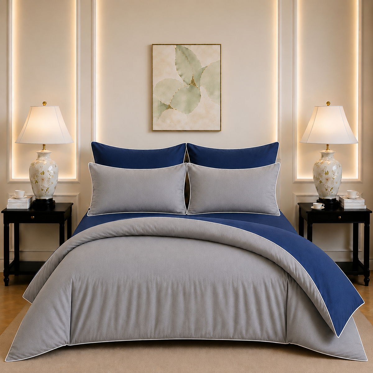 600 TC Pure Cotton Collection Duoluxe - Navy Mist | Bedsheet & Duvet Cover with Pillowcases