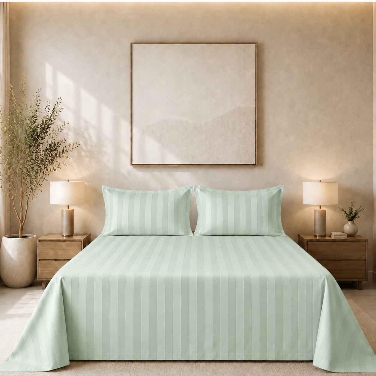 550 TC Stripes Collection - Sage Serenity | Bedsheet with Pillowcases