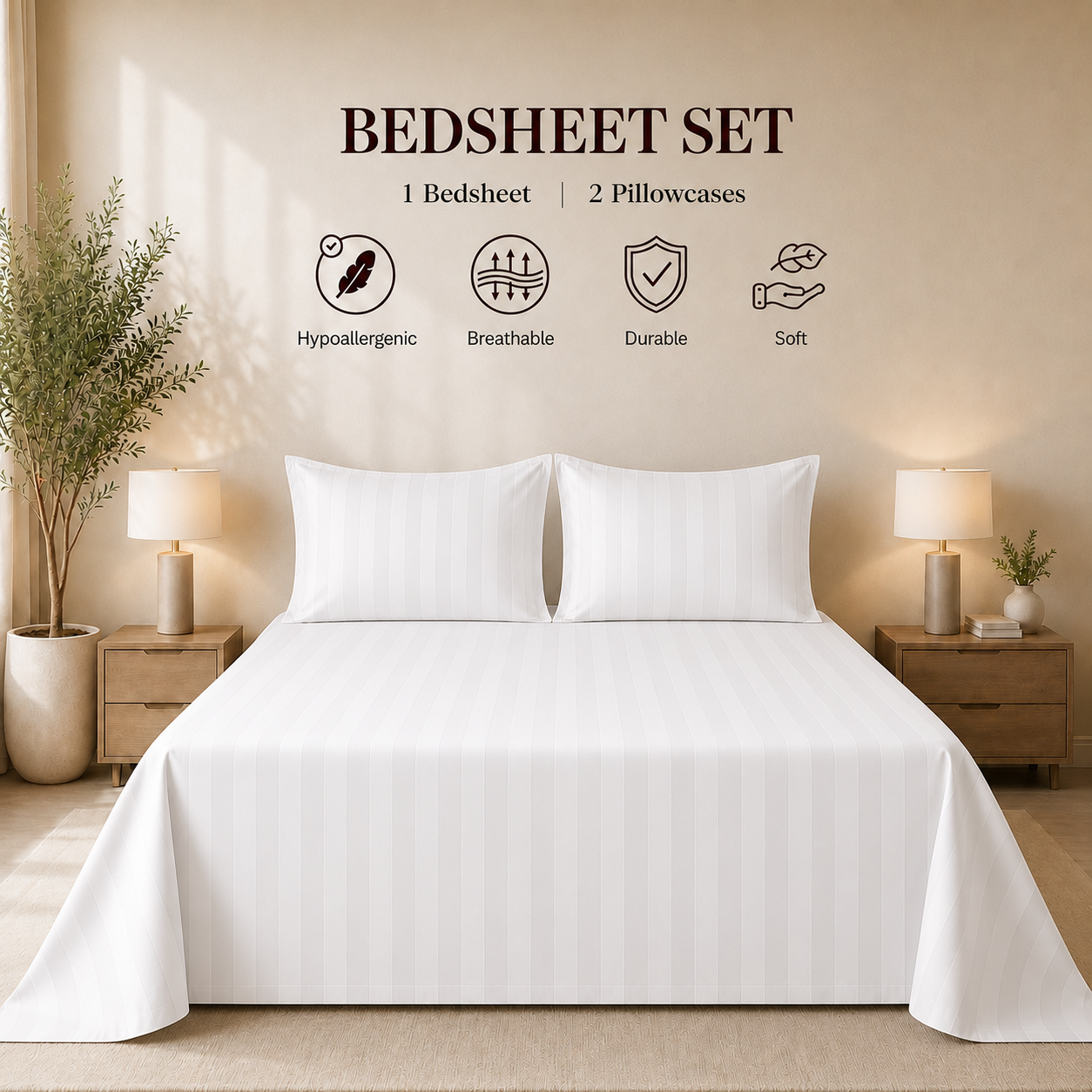 550 TC Stripes Collection - Pure Snow | Bedsheet with Pillowcases