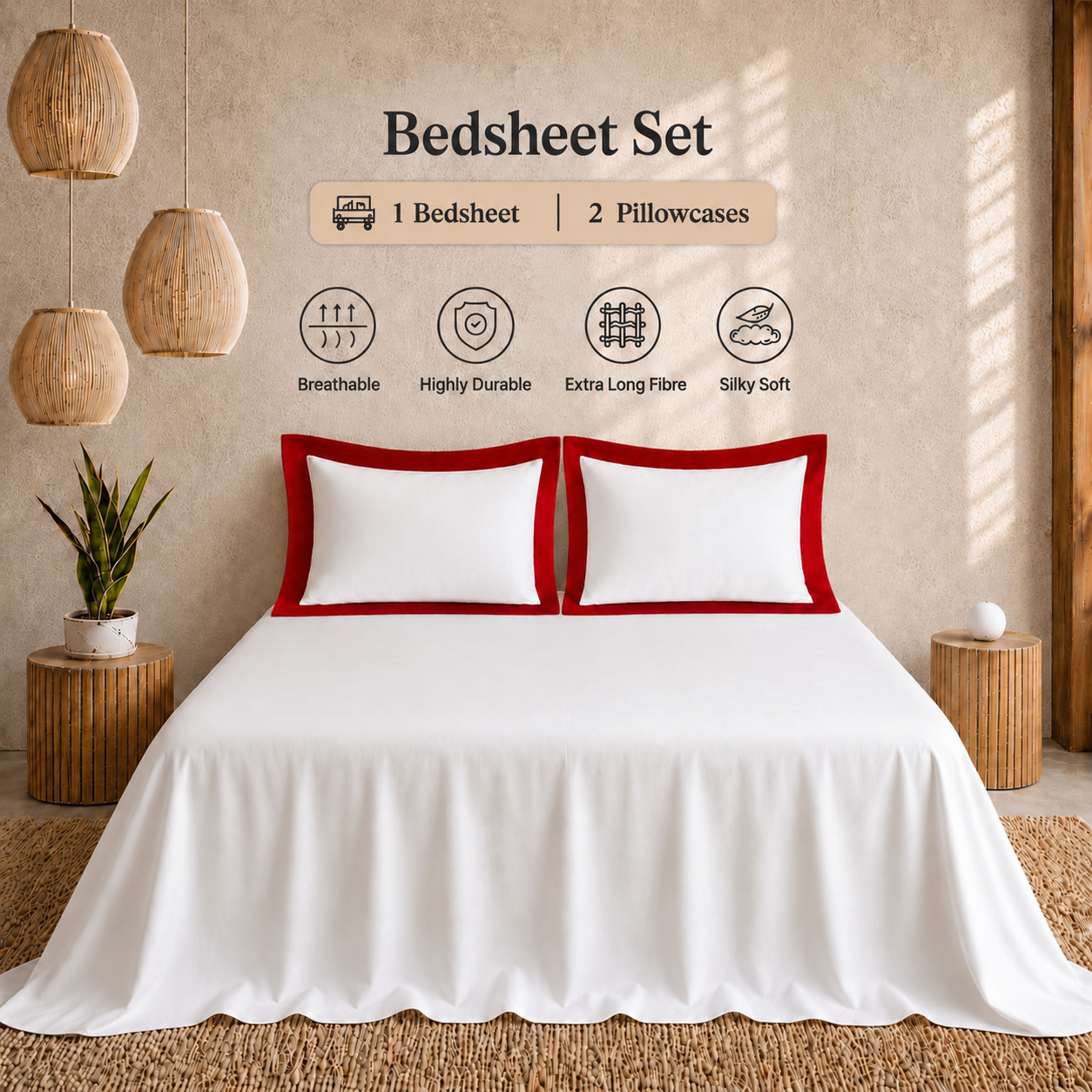Egyptian Cotton - Border - Zen Classic Red | Bedsheet with Pillowcases