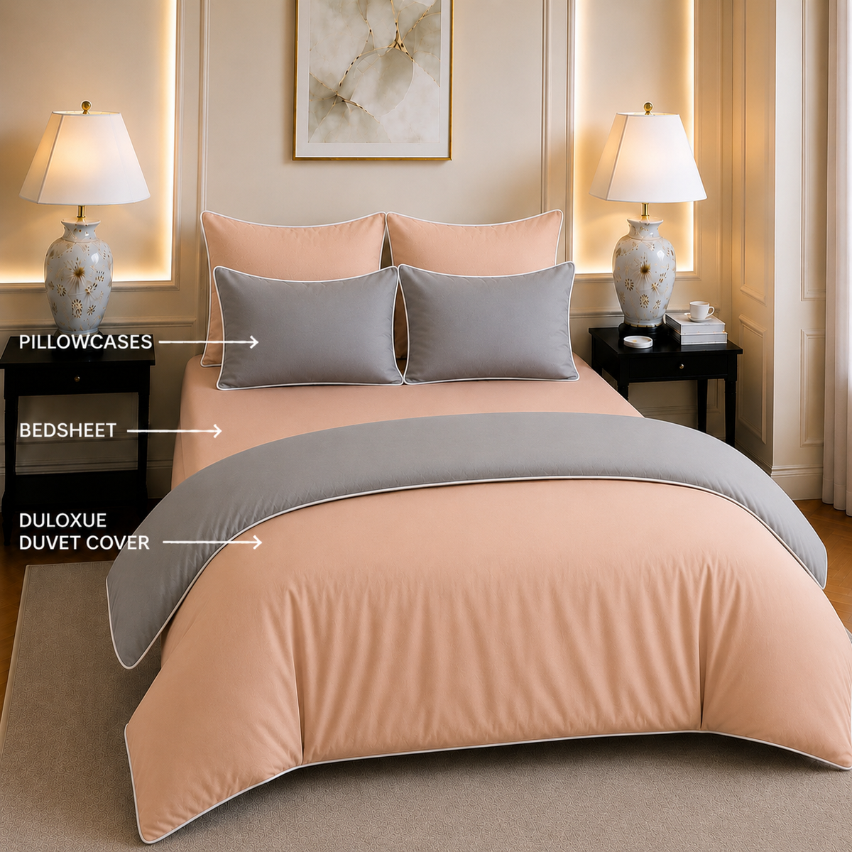 600 TC Pure Cotton Collection Duoluxe - Peach Cloud | Bedsheet & Duvet Cover with Pillowcases