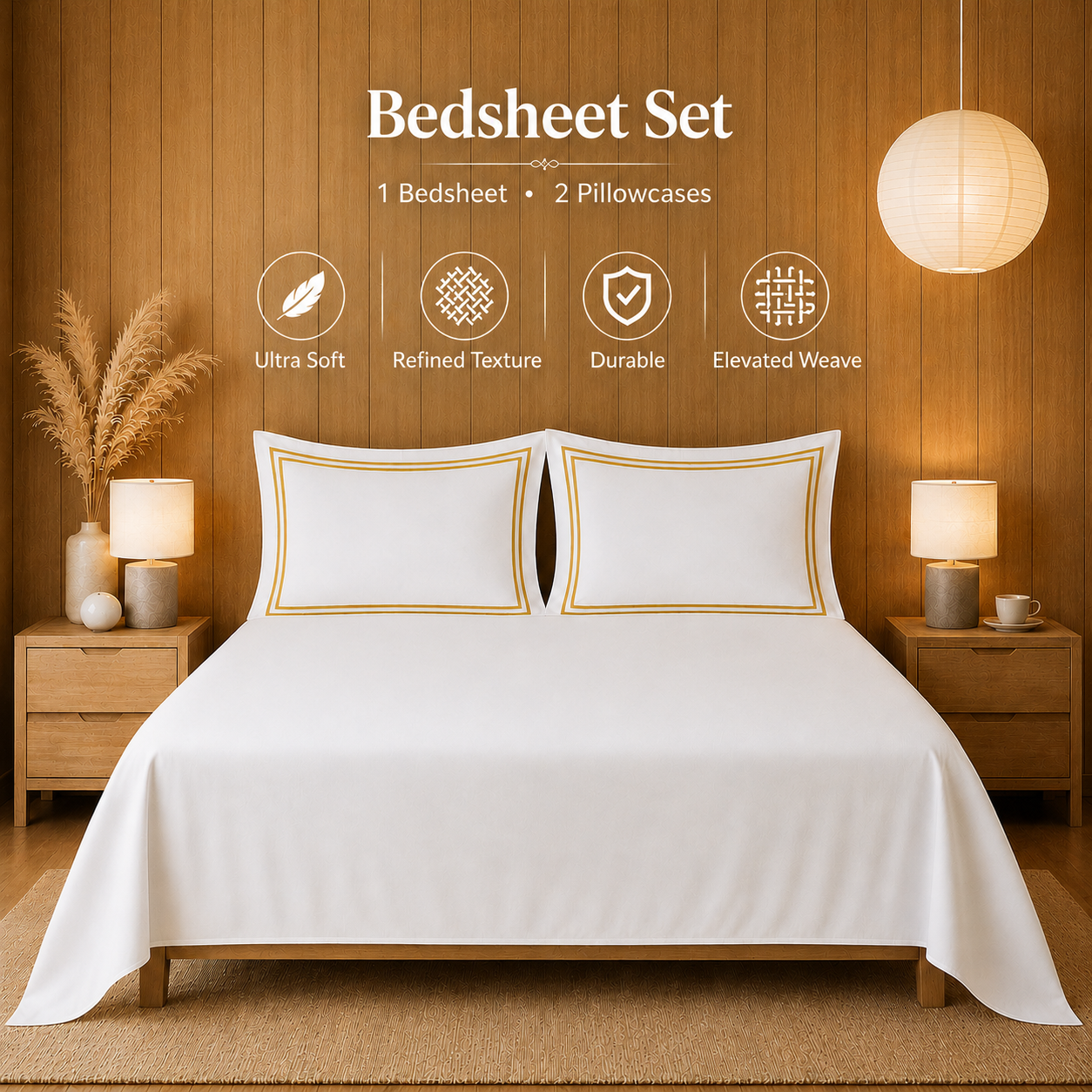 800 TC Pure Cotton Collection -Merrowing - Golden Haze | Bedsheet with Pillowcases