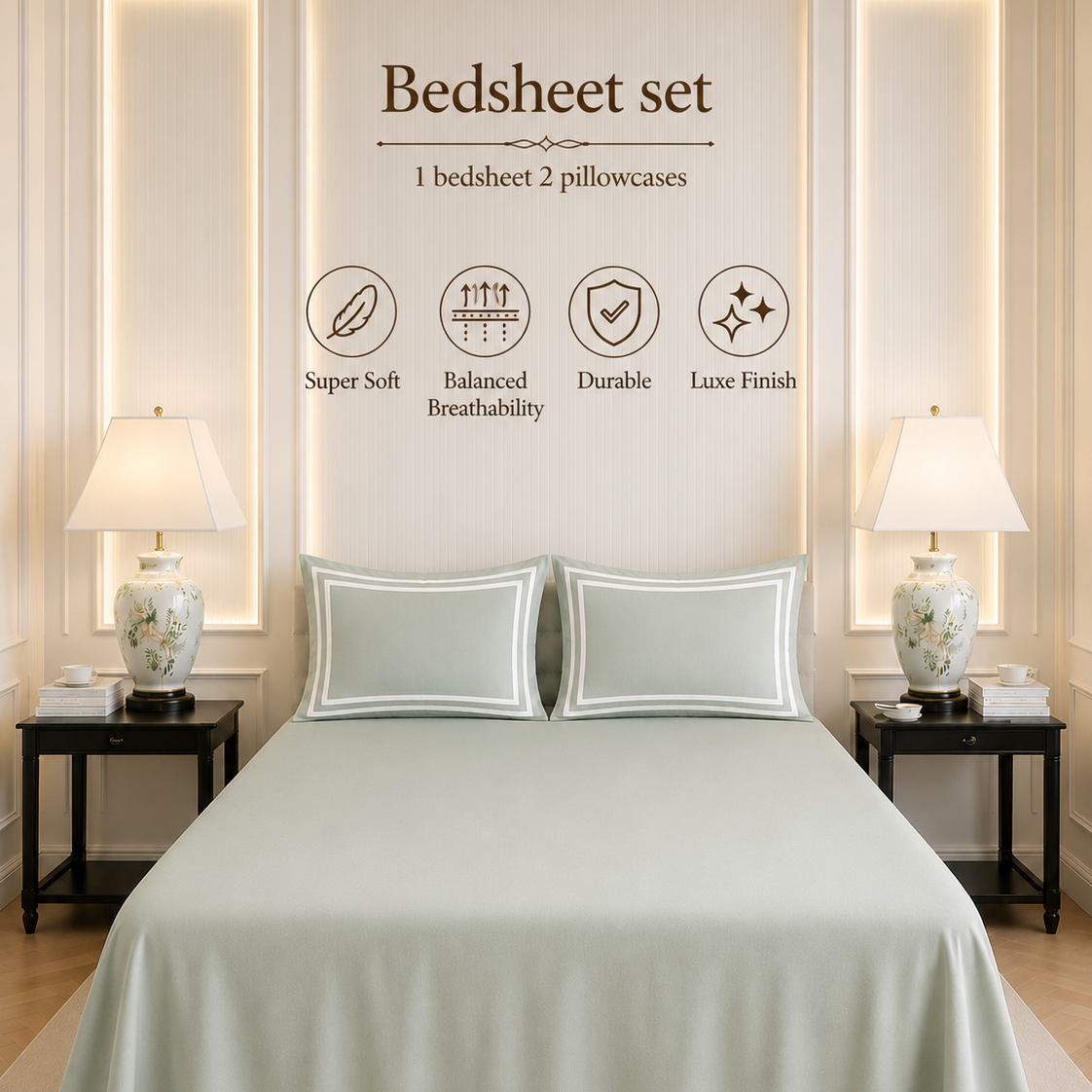 600 TC Pure Cotton Collection - Sage Whisper | Bedsheet with Pillowcases