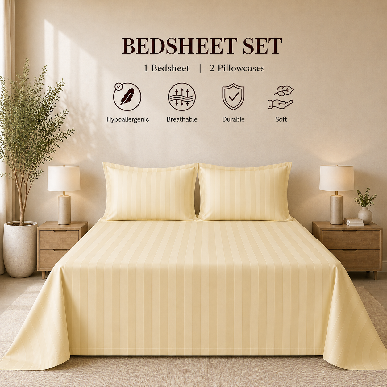 550 TC Stripes Collection - Lemon Whisper | Bedsheet with Pillowcases