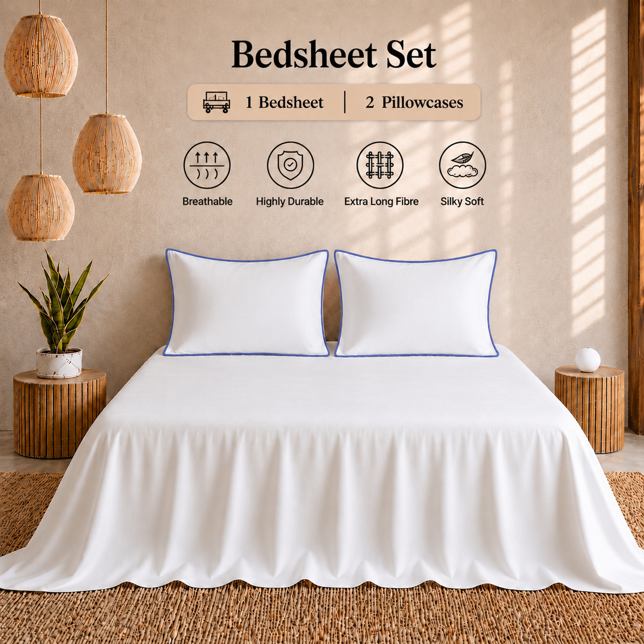 Egyptian Collection - Pure Piping - Zen Staple Blue | Bedsheet with Pillowcases