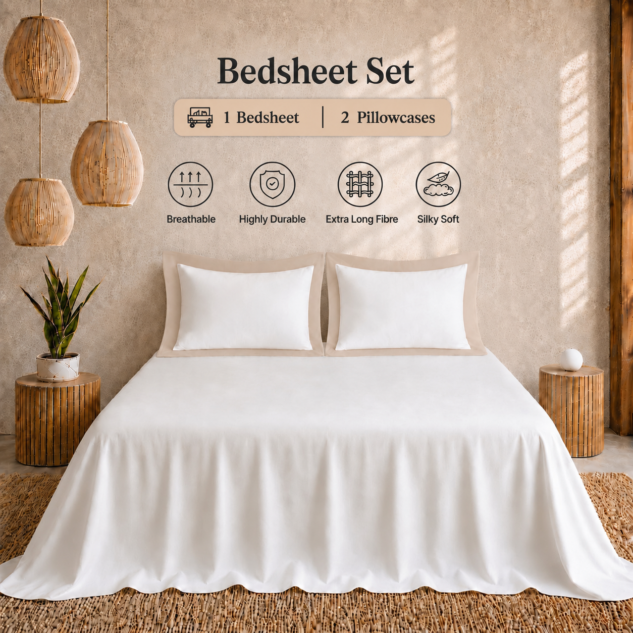 Egyptian Cotton - Border - Zen Classic Beige | Bedsheet with Pillowcases