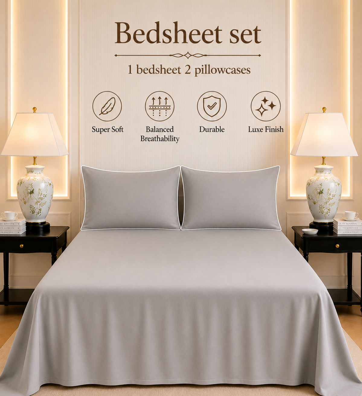 600 TC Pure Cotton Collection Duoluxe - Silver Sapphire | Bedsheet with Pillowcases