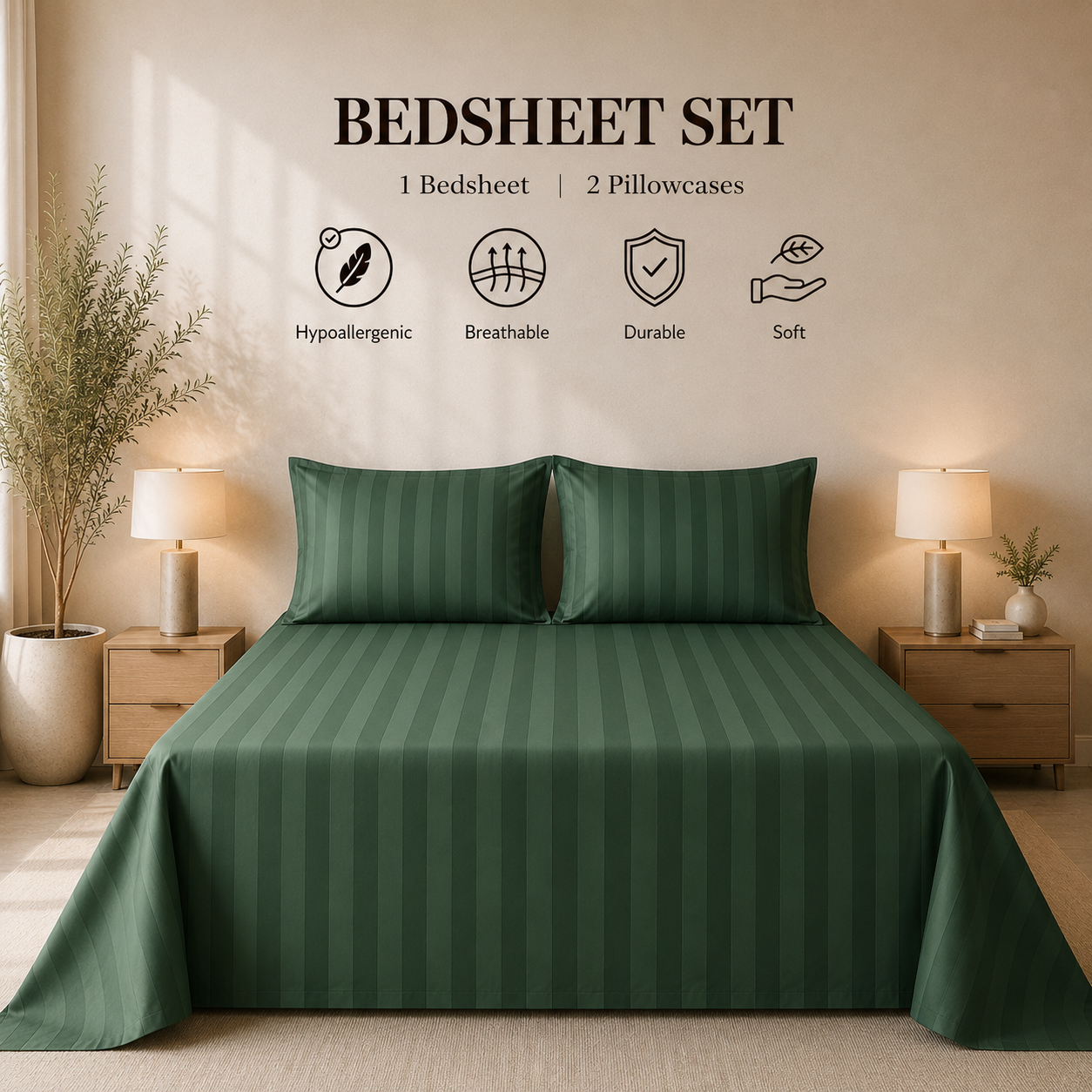 550 TC Stripes Collection - Emerald Green | Bedsheet with Pillowcases