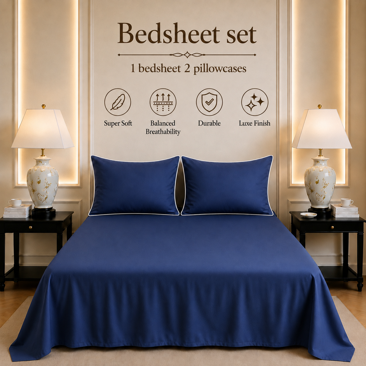 600 TC Pure Cotton Collection Duoluxe - Navy Mist | Bedsheet with Pillowcases