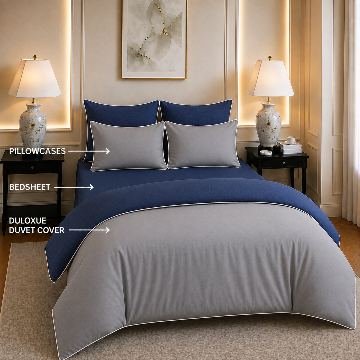 600 TC Pure Cotton Collection Duoluxe - Navy Mist | Bedsheet & Duvet Cover with Pillowcases