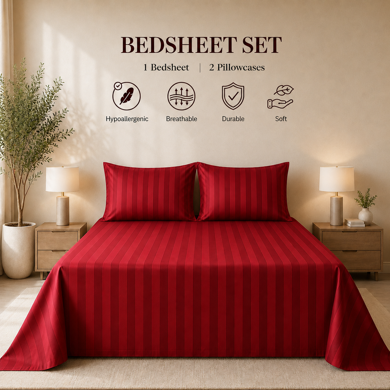 550 TC Stripes Collection - Crimson Velvet | Bedsheet with Pillowcases
