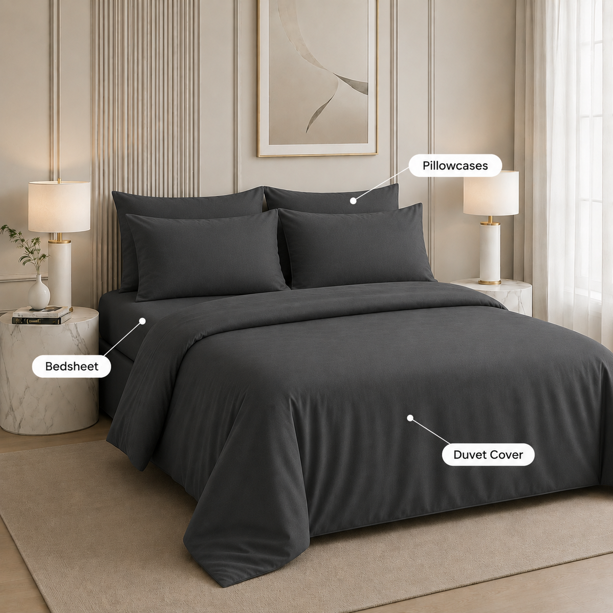 Nirvana Collection - Feather Grey | Bedsheet with Pillowcases