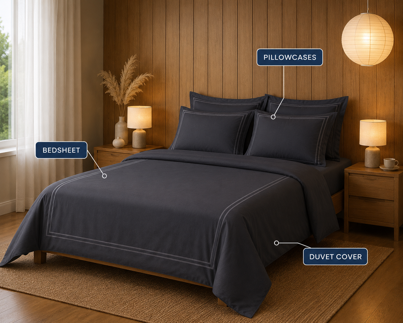 800 TC Pure Cotton Collection -Merrowing - Slate Grey | Bedsheet with Pillowcases