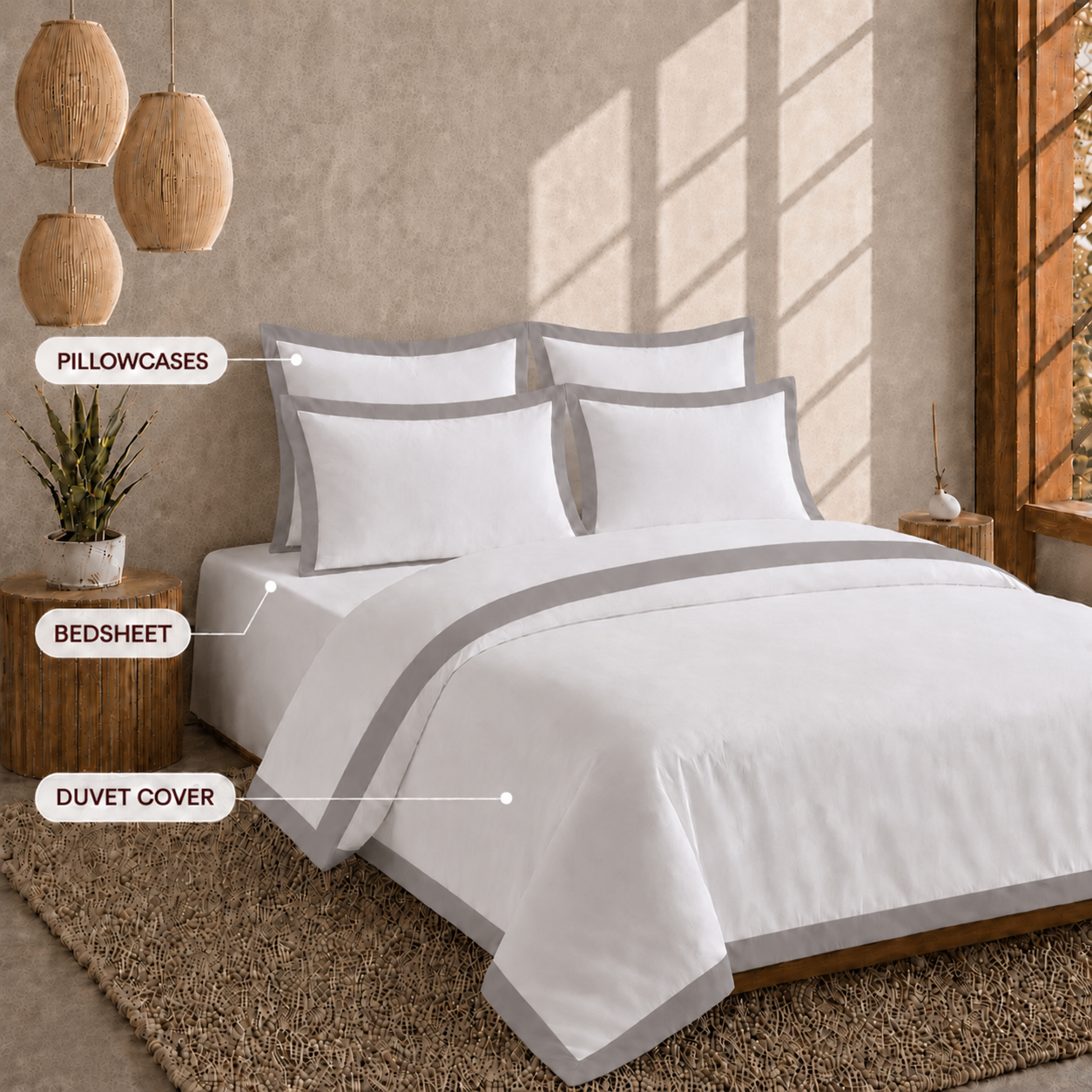 Egyptian Cotton - Border - Zen Classic Grey | Bedsheet with Pillowcases