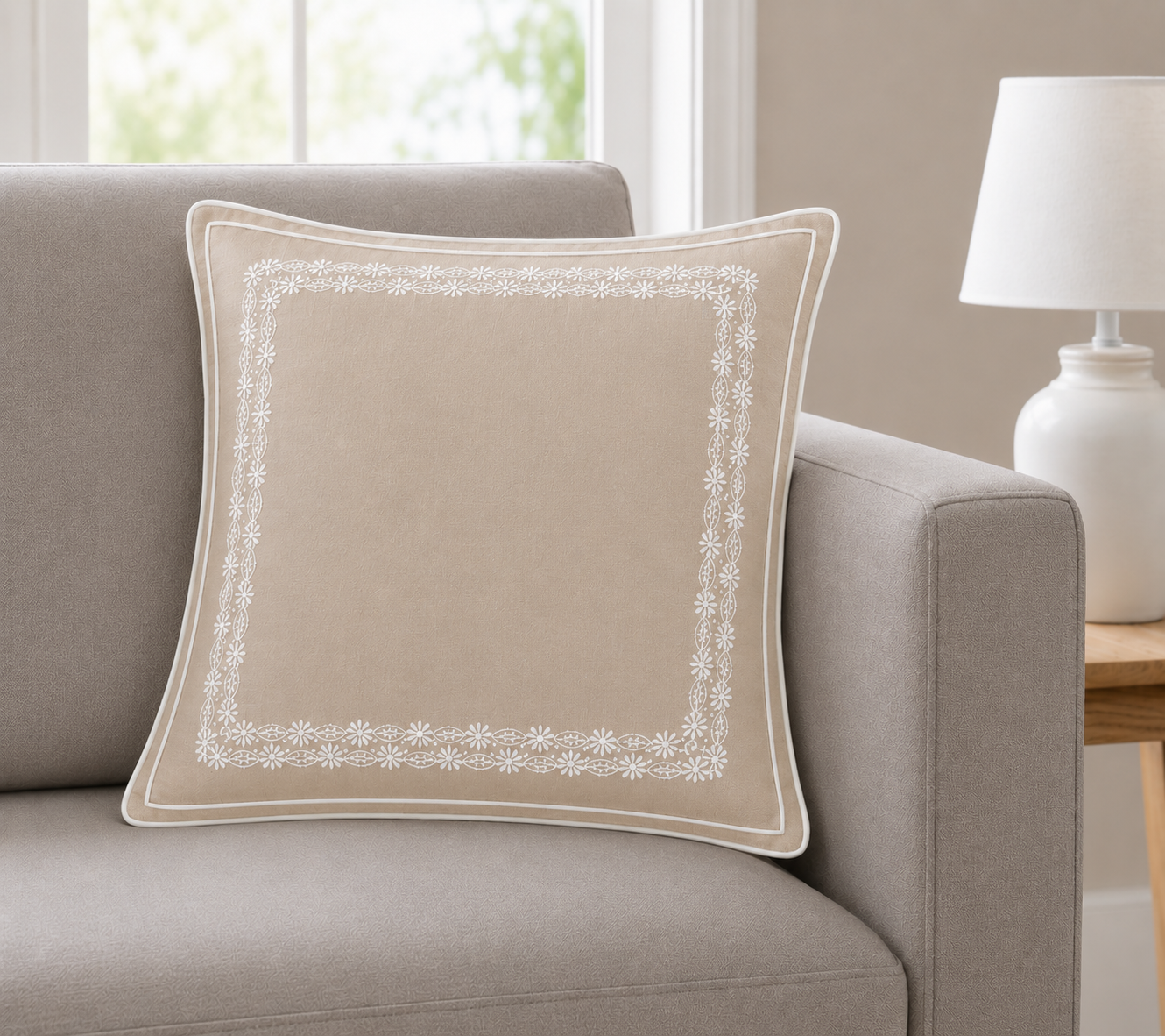 Sandstone Floral Embroidery Cushion