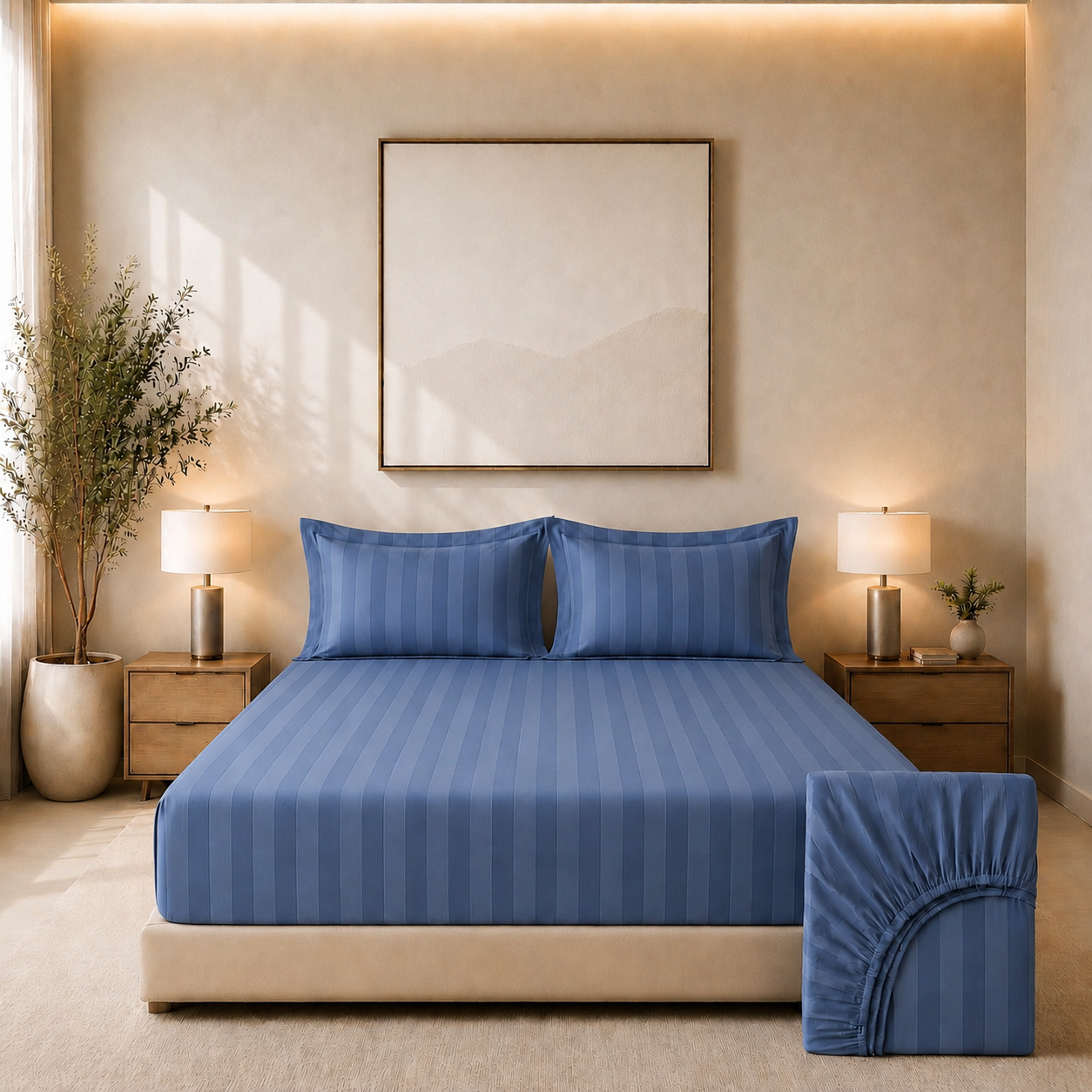550 TC Stripes Collection - Midnight Navy | Bedsheet with Pillowcases