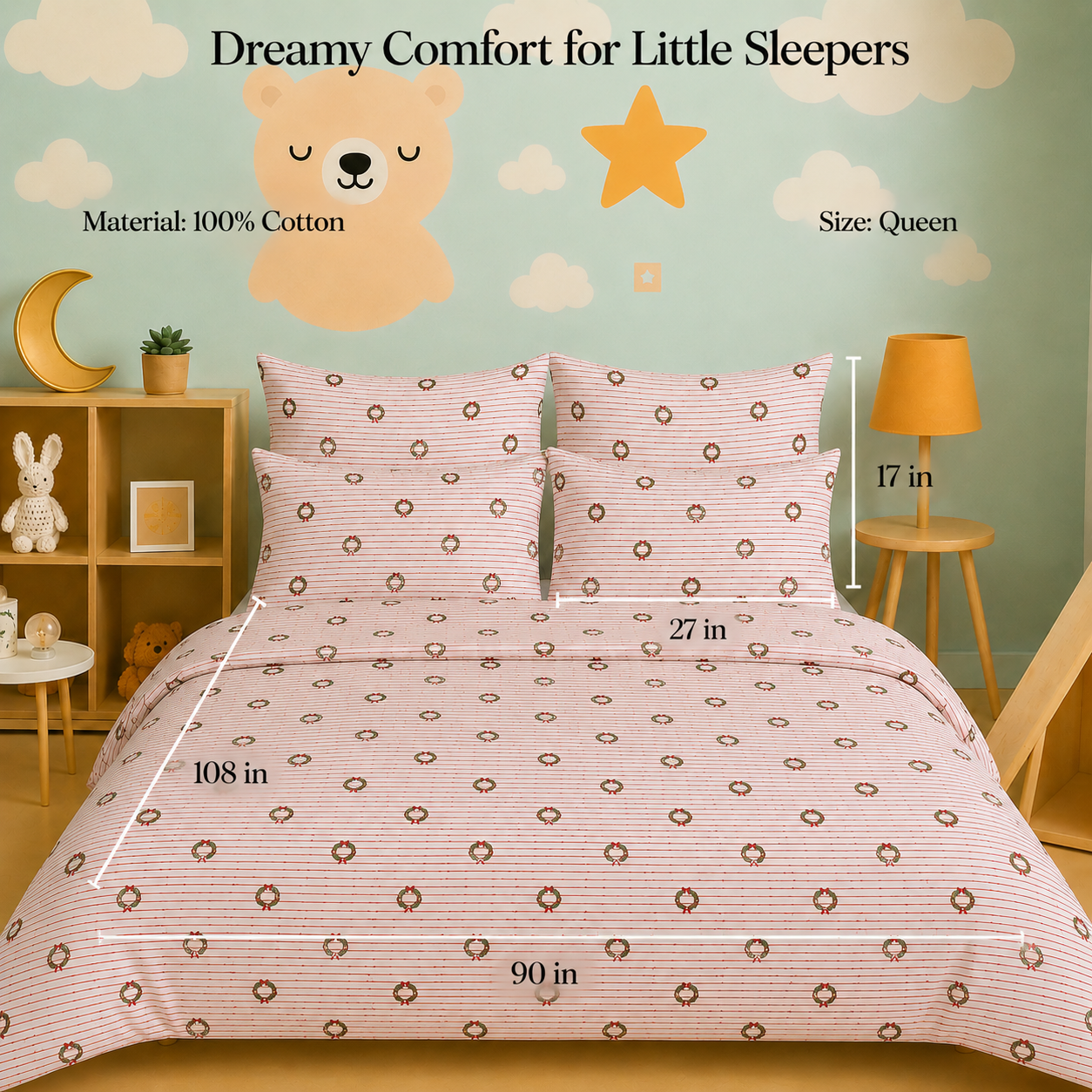 Kids Collection - Red Bow Stripes | Bedsheet with Pillowcases