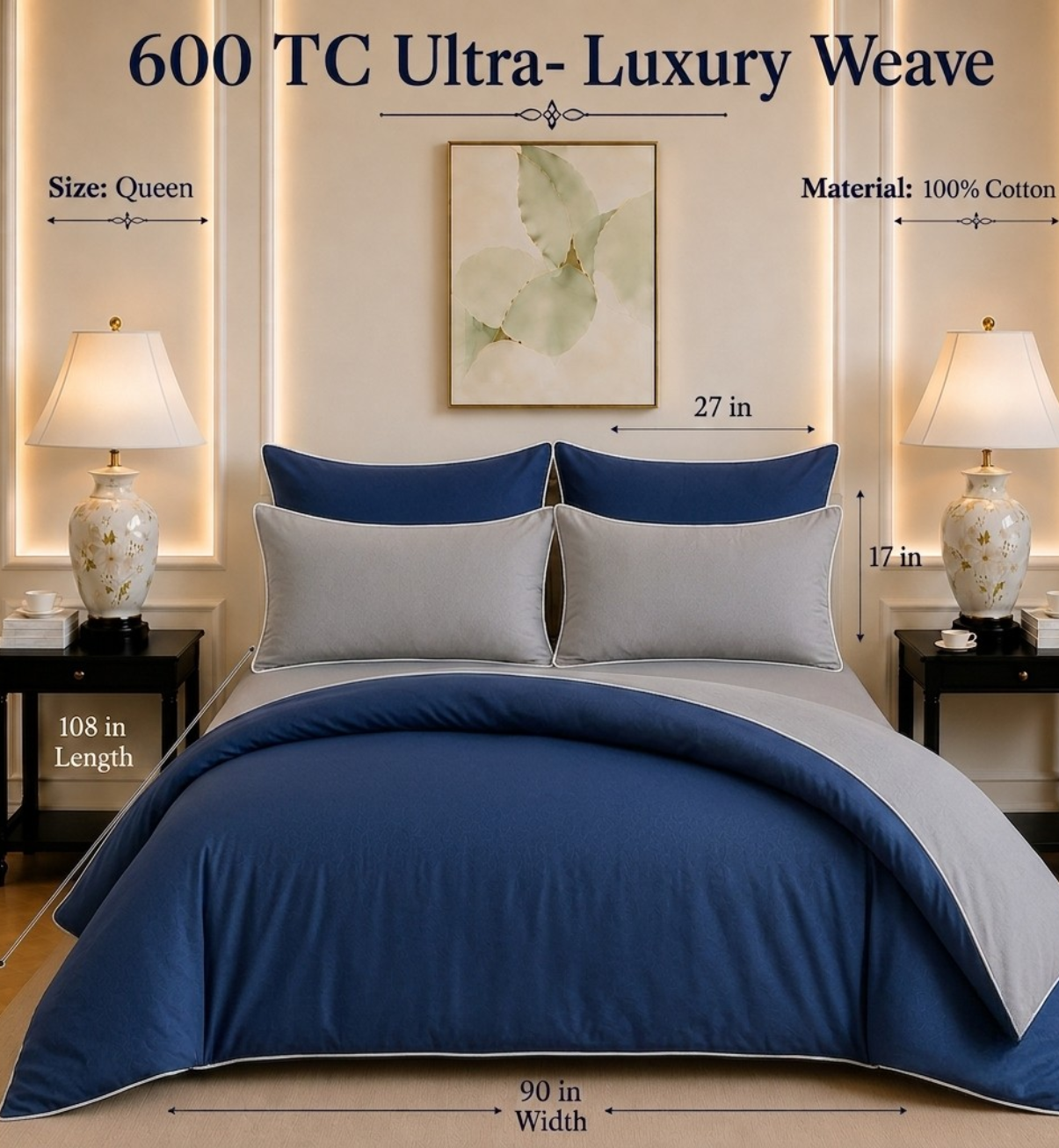 600 TC Pure Cotton Collection Duoluxe - Silver Sapphire | Bedsheet with Pillowcases