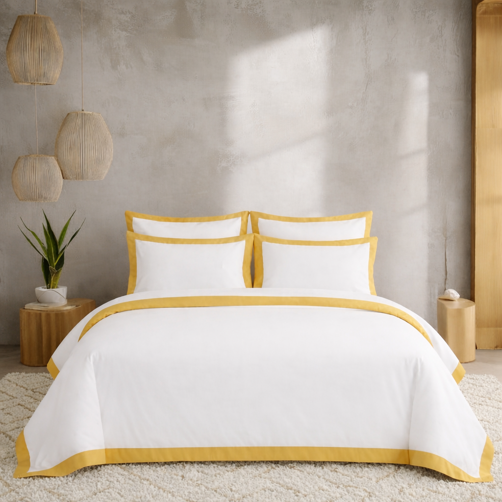 White bedding set with yellow trim on a bed in a room with wooden furniture and plants.