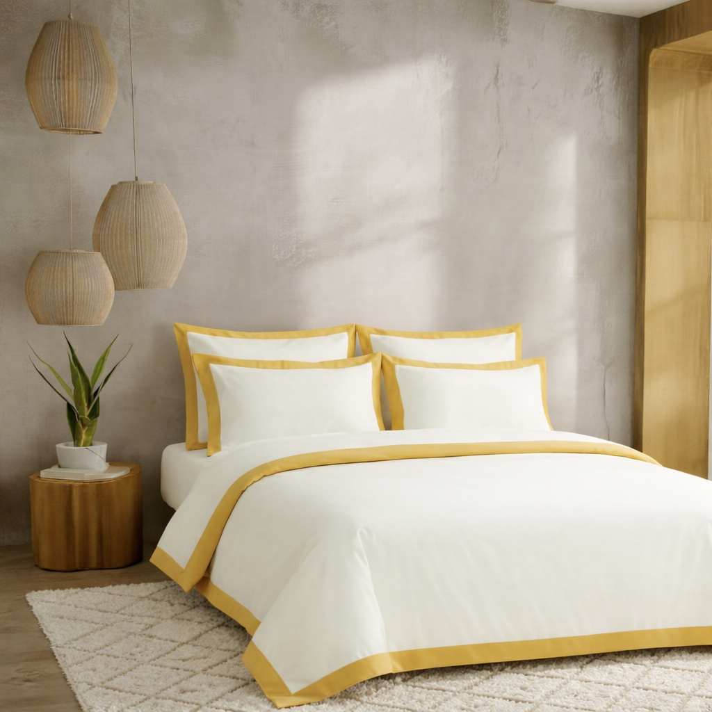 Bedroom with white bedding and gold trim, featuring a textured wall and decorative elements.