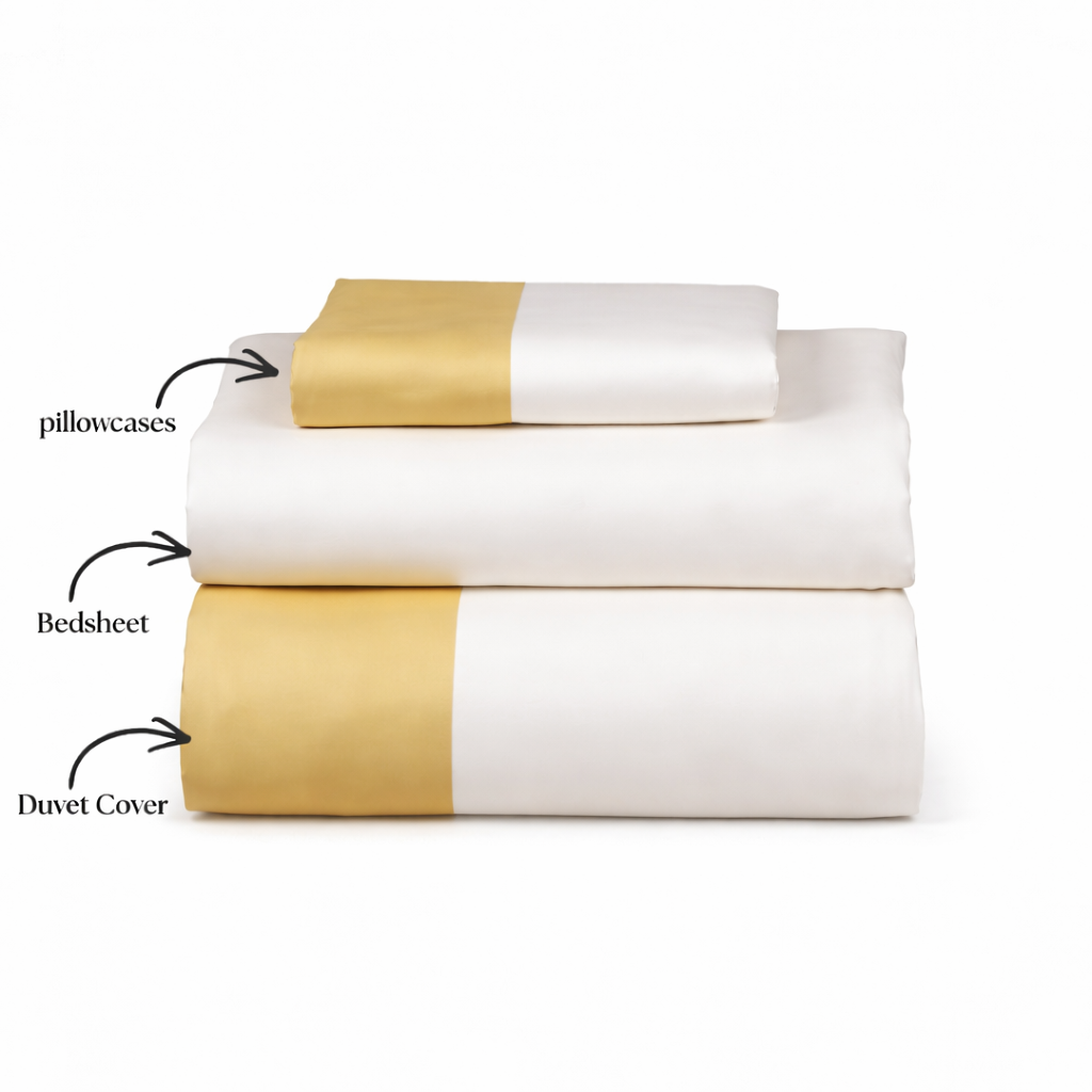 White and gold bedding set with labeled parts on a white background