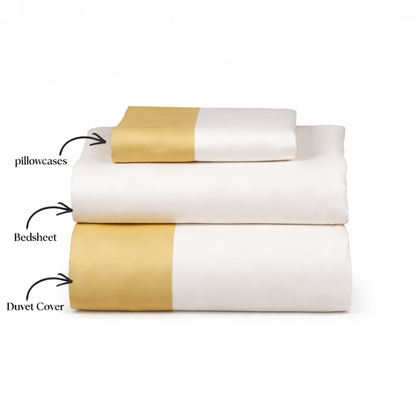 White and gold bedding set with labeled parts on a white background