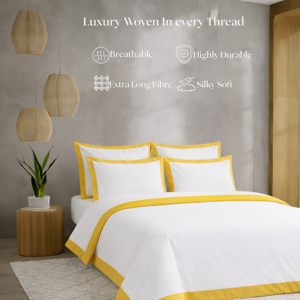 Bedding set with yellow accents in a bedroom setting, featuring text on product features.