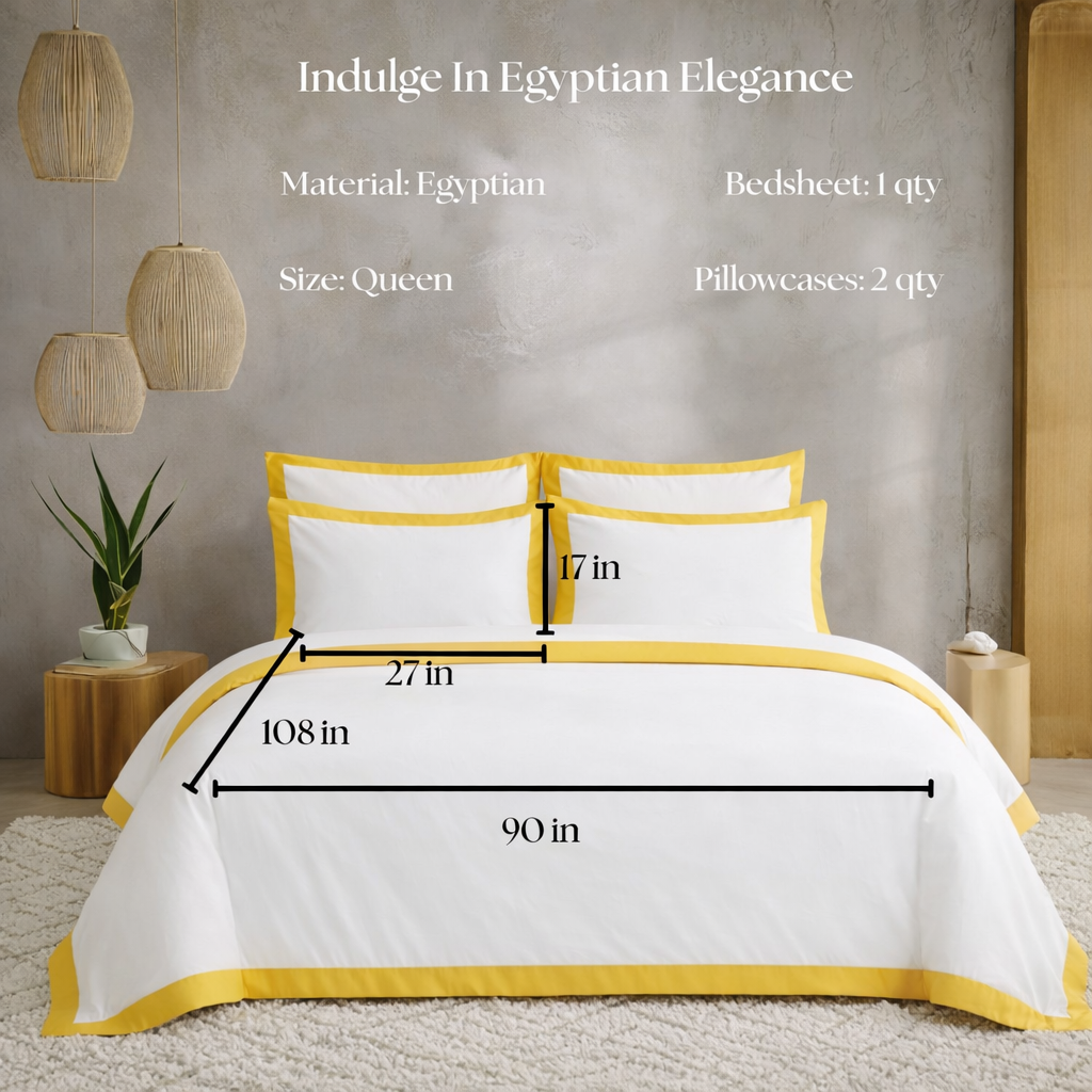 White and yellow bedspread set with measurements on a bed in a bedroom setting.