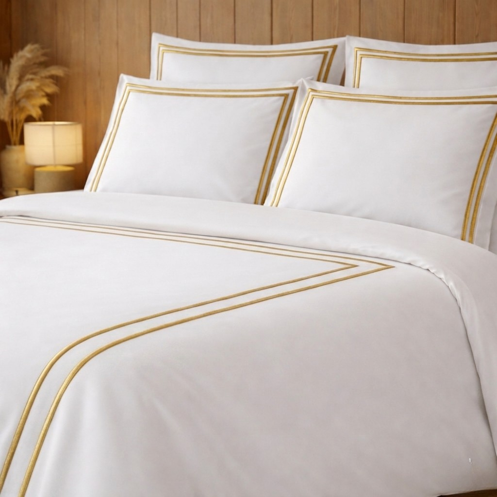 White bedding set with gold trim on a bed, featuring pillows and a duvet.