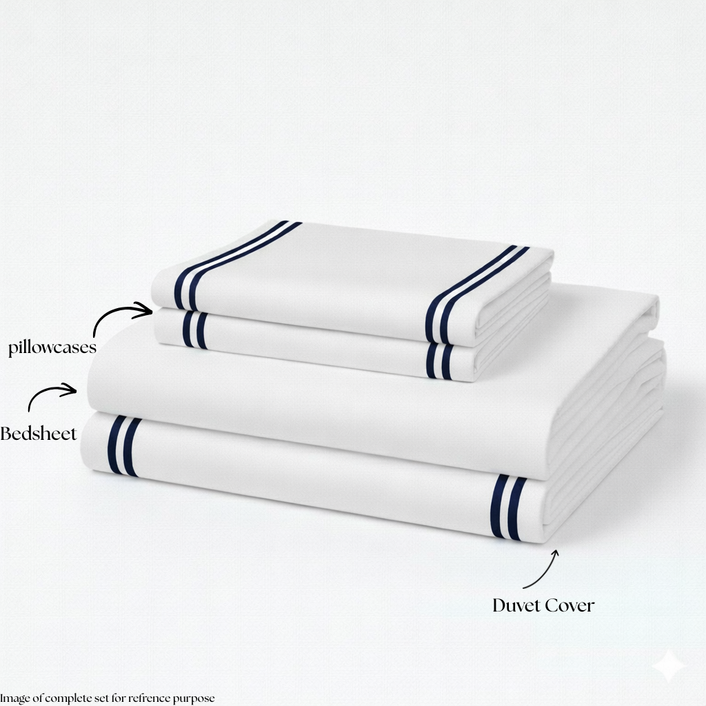 800 TC Pure Cotton Collection -Merrowing - Blue Crest | Bedsheet & Duvet Cover with Pillowcases