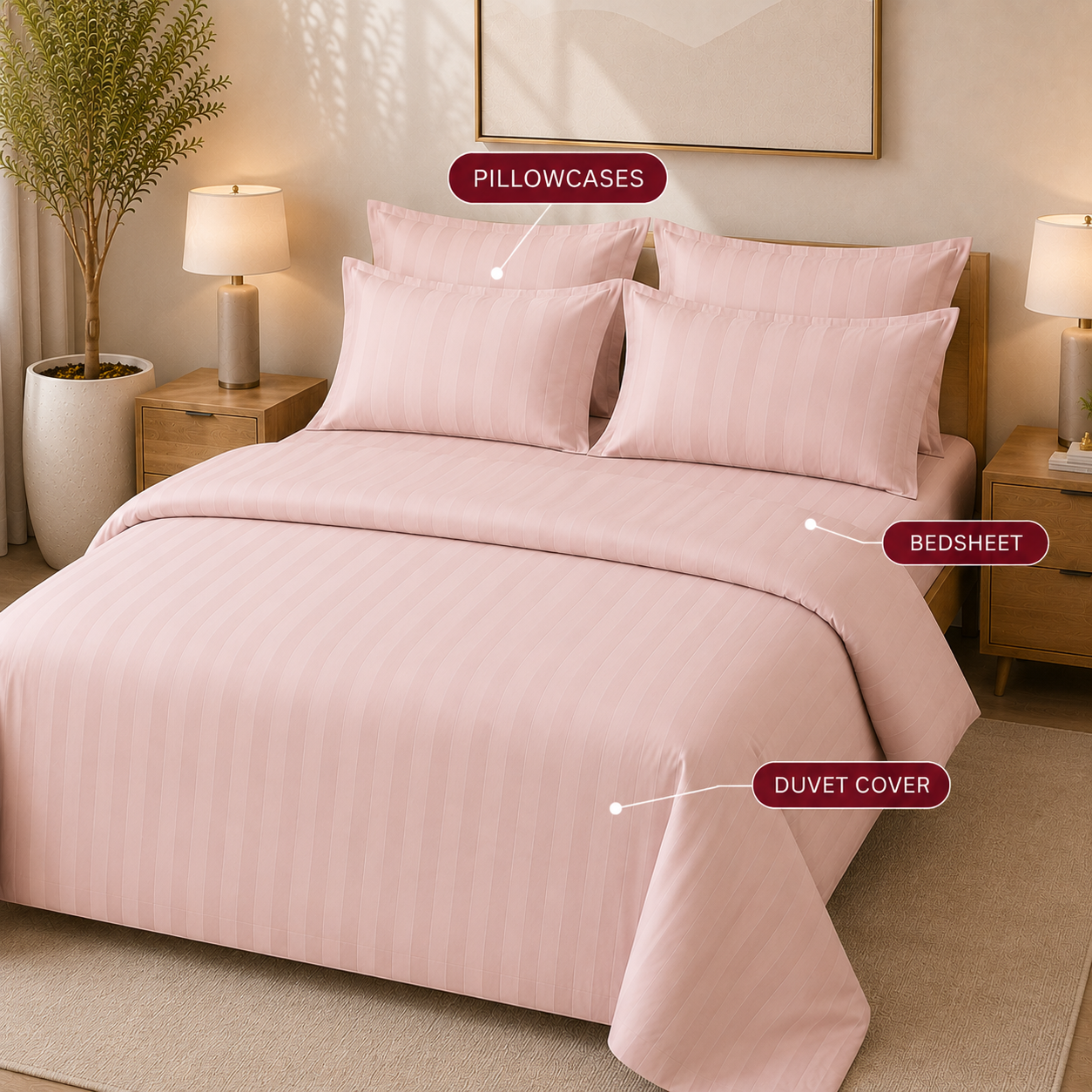 550 TC Stripes Collection - Blush Petal | Bedsheet with Pillowcases