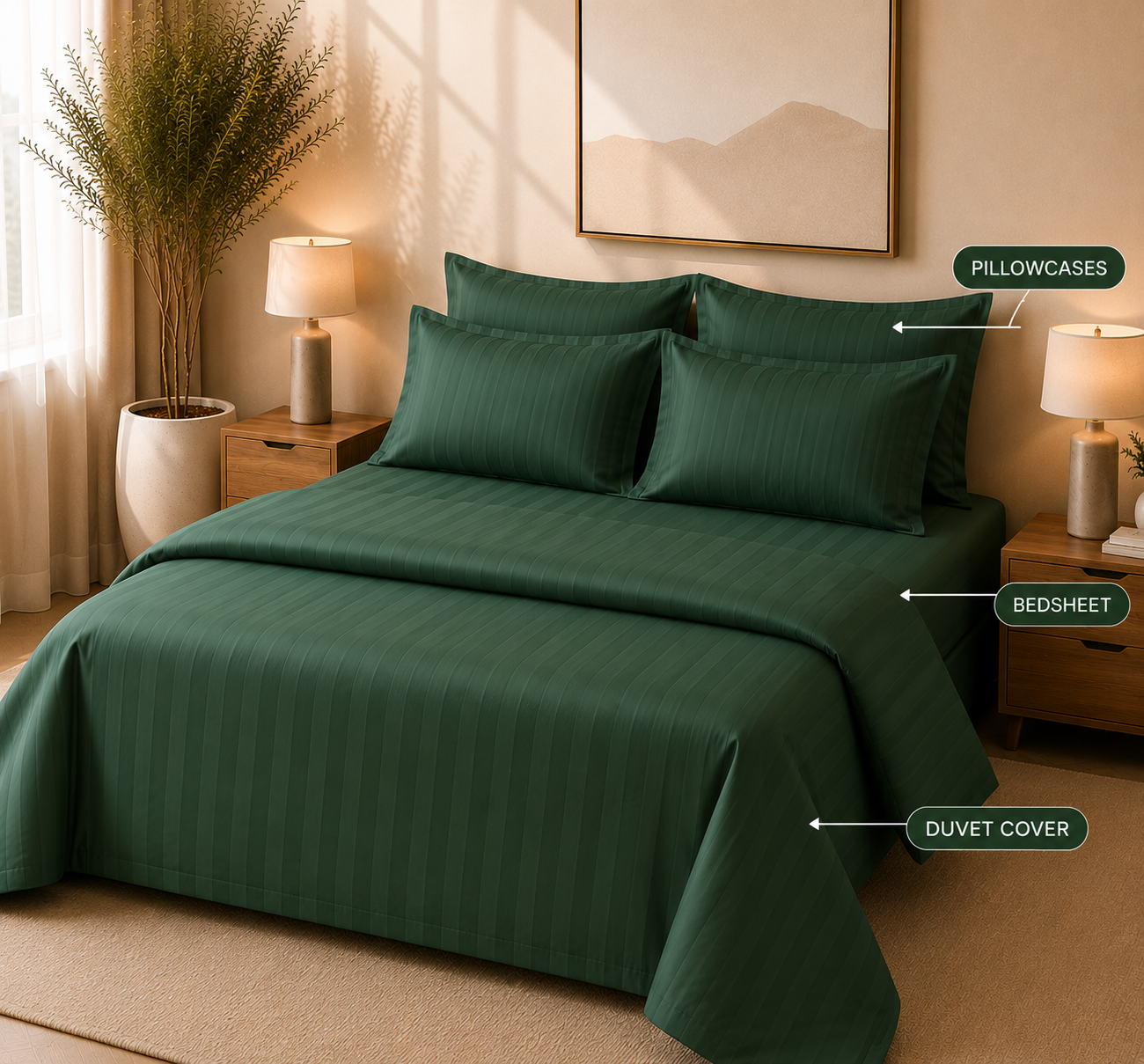 550 TC Stripes Collection - Emerald Green | Bedsheet with Pillowcases