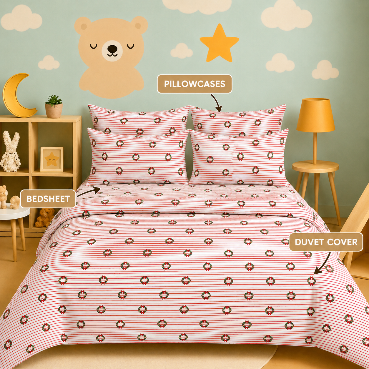 Kids Collection - Red Bow Stripes | Duvet Cover with Pillowcases