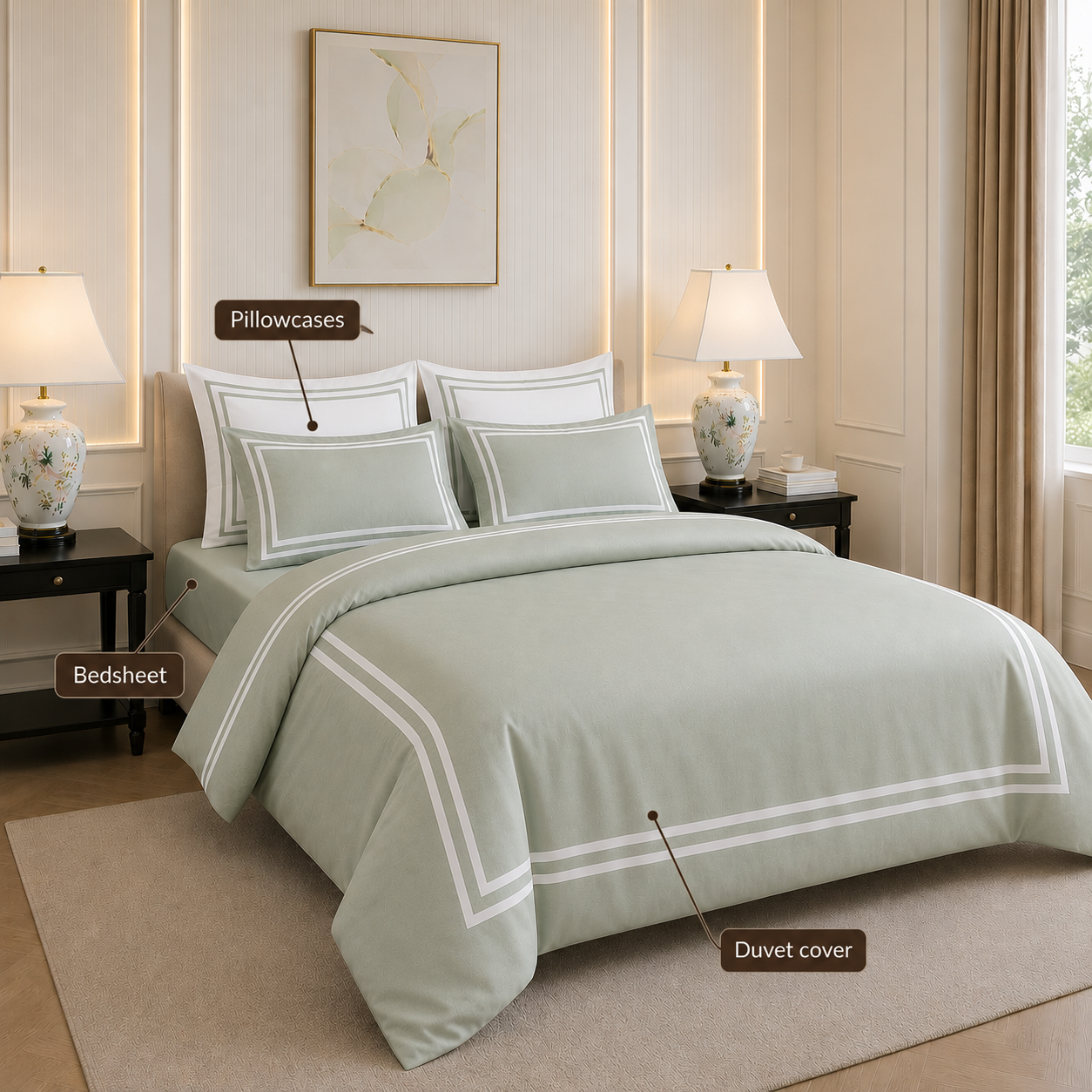 600 TC Pure Cotton Collection - Sage Whisper | Duvet Cover with Pillowcases