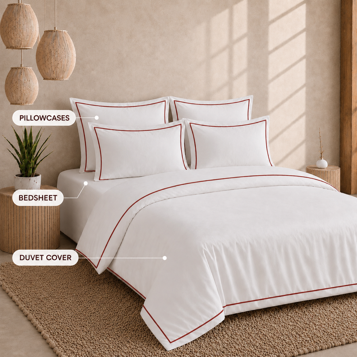 Egyptian Collection - Flat Piping - Zen’s Fine Red | Bedsheet & Duvet Cover with Pillowcases