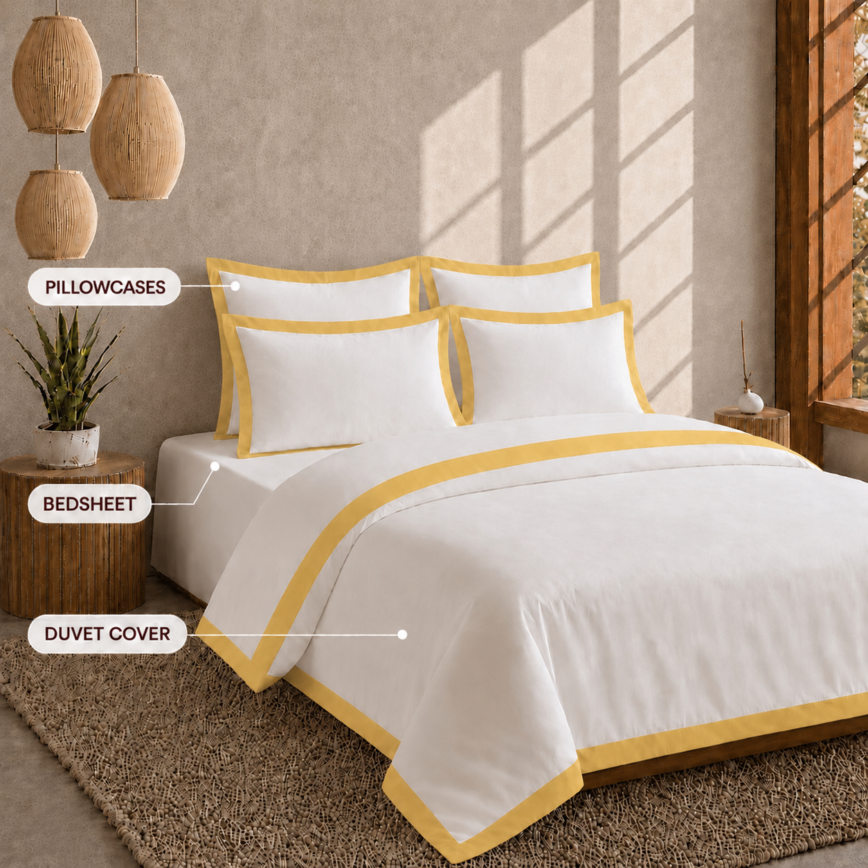 Egyptian Cotton - Border - Zen Classic Golden Yellow | Duvet Cover with Pillowcases