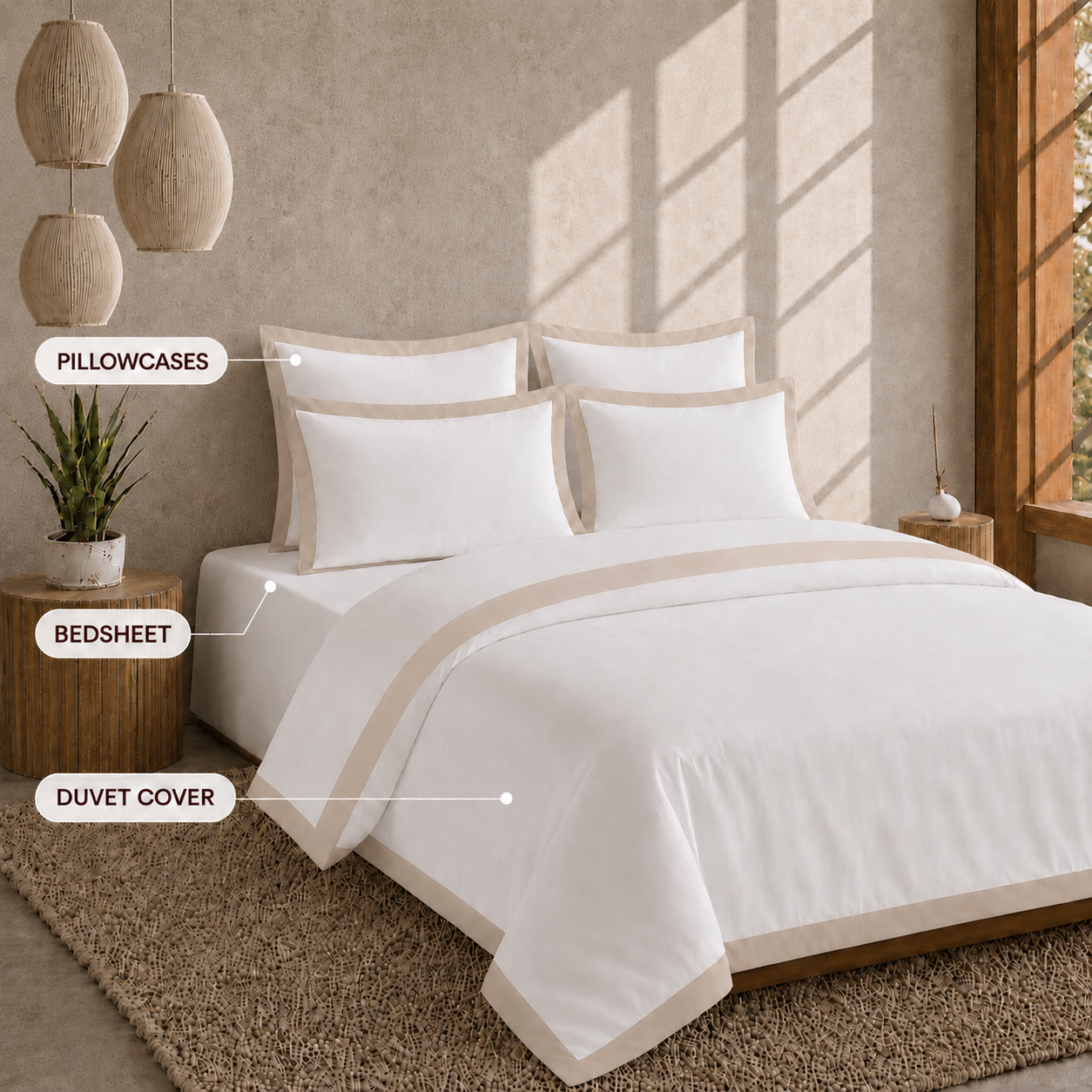Egyptian Cotton - Border - Zen Classic Beige | Duvet Cover with Pillowcases