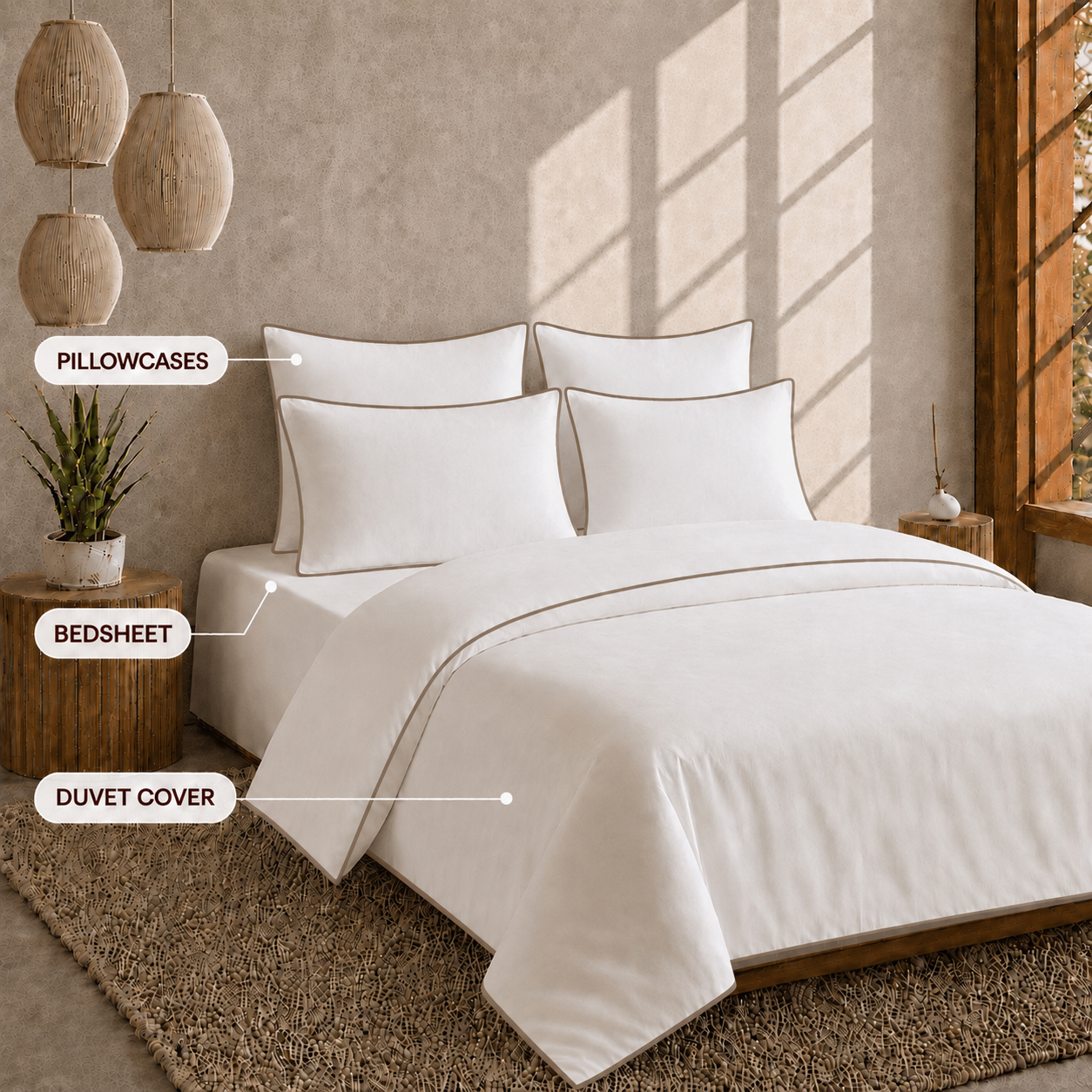 Egyptian Collection - Pure Piping -  Zen Staple Taupe | Bedsheet & Duvet Cover with Pillowcases