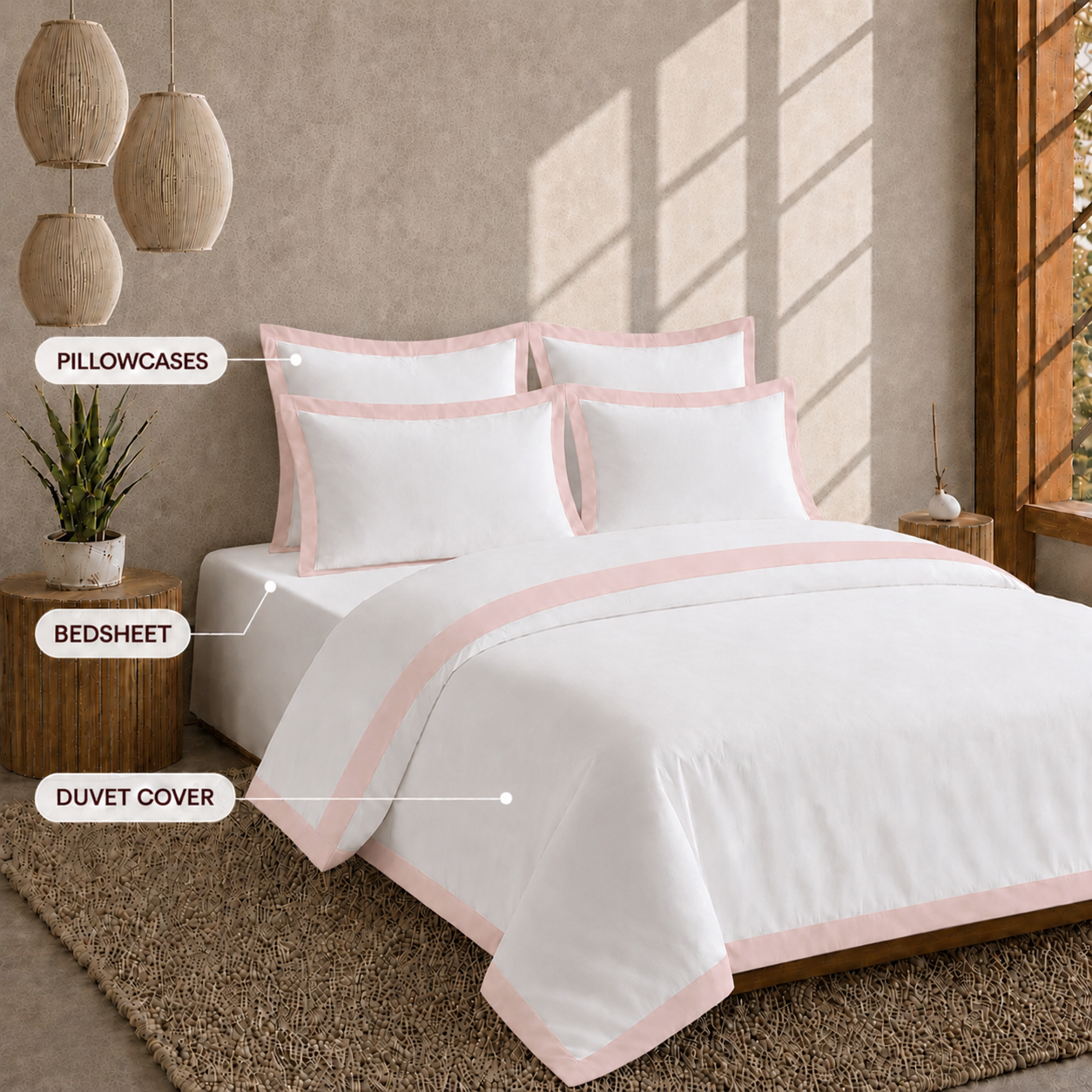 Egyptian Cotton - Border - Zen Classic Blush | Bedsheet & Duvet Cover with Pillowcases