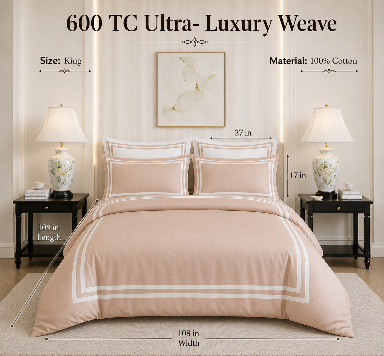 600 TC Pure Cotton Collection - Desert Sand | Bedsheet with Pillowcases