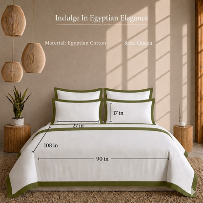 Egyptian Cotton - Border - Zen Classic Olive Green | Duvet Cover with Pillowcases